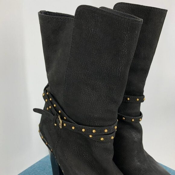 Miu Miu Black Leather Heeled Booties w Gold Studs and Studded Belt Detail size 8 - Picture 7 of 12